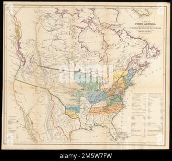 Une carte de l'Amérique du Nord, indiquant les limites des réunions annuelles des amis et les lieux des différentes tribus indiennes. Relief indiqué par les haches. Indexé avec une touche de couleur pour les « nations indiennes » et les réunions annuelles. Inclut des statistiques de population pour les tribus indiennes. De: Un certain compte rendu de la conduite de la Société religieuse des amis à l'égard des tribus indiennes ... Londres : E. Marsh, 1844.. L'Amérique transformée : des premières colonies européennes en Amérique du Nord jusqu'au 19th siècle, les missionnaires catholiques et protestants ont pris part à l'évangélisation des expéditions missionnaires à Native comm Banque D'Images