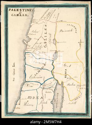 Palestine ou Canaan. Grugeage illustré par illustration. Stylo et encre, graphite et aquarelle. Dessiné par une écolière à l'école phonétique du Windham Centre, Maine. Affiche des régions d'Israël et des terres à l'est dans la Jordanie moderne. Carte accompagnée de la description: Plan d'action de Palestine dessiné par Phoebe Ellen Nichols à l'école de phonétique Windham 1853.. Copier des cartes sur papier était une tâche courante pour les filles et les garçons fréquentant les académies au 19th siècle, car les étudiants pratiquaient simultanément la géographie et la pénitence. Phebe Nichols a produit sa carte de Palestine alors qu'elle était étudiante au Windham Phonetic Sho Banque D'Images