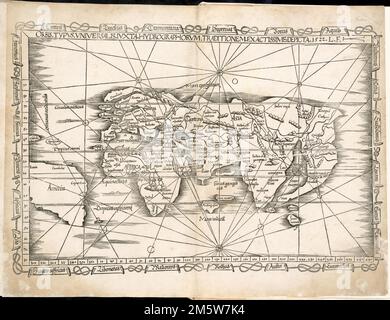 Orbis typus universalis ioxta hydrographorum traditionem exactissime représentation 1522 L.F. Carte de l'hémisphère est montrant l'Europe, l'Asie, l'Afrique et une partie de l'Amérique du Sud. Version réduite de la carte correspondante dans l'atlas de Waldparagüller de 1513. Grugeage illustré par illustration. Inclut les noms des lieux et des caractéristiques naturelles. La carte de frites est la première carte du monde dans une édition de Ptolémée à inclure le nom America. Apparaît dans le Geographia de l'auteur, traduit par Willibald Pirckheimer, avec des annotations par Joannes Regiomontanus. Argentoragi [Strasbourg] : Iohannes Grieningerus, communibus Iohanni Banque D'Images