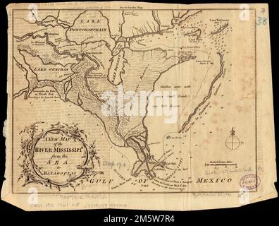 Une nouvelle carte de la rivière Mississipi de la mer à Bayagoulas. Apparaît dans le magazine de Londres. 1761 ? Grugeage illustré par illustration. Les profondeurs sont indiquées par des sondages , Mississippi River Louisiana , Mississippi River Delta ,région Banque D'Images