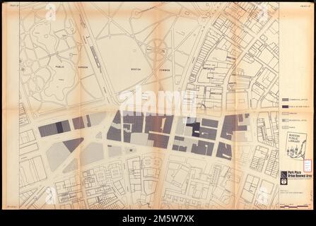 Parc Plaza zone de renouvellement urbain : carte no 2 carte d'utilisation des terres (existante). Accompagne un plan de rénovation urbaine pour la région de Park Square dans le centre-ville de Boston. Indique commercial, bureau, public et semi-public, parking, résidentiel, hôtel et parcs , Massachusetts , Suffolk ,comté , Boston Park Square Banque D'Images