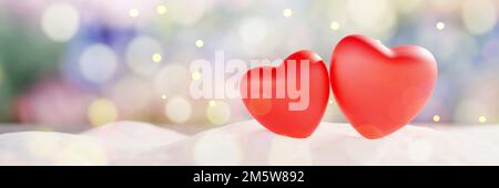 Couple rouge passion ballon coeur forme sur fond de neige abstrait. Saint-Valentin amour chaud contre la neige. Espace de copie, bannière. 3d rendu Banque D'Images
