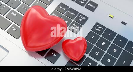 Forme de coeur passion couleur rouge sur l'arrière-plan du clavier de l'ordinateur portable. Célébration de la Saint-Valentin, message d'amour pour un souvenir inoubliable. Gros plan au-dessus de la vue. 3d rendu Banque D'Images