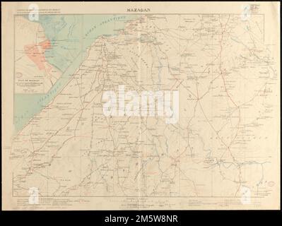 Mazagan. Grugeage indiqué par les lignes de forme et les hauteurs de point. Premier méridien : [Paris]. Schéma des feuilles en haut à droite. Encart: Plan de Mazagan... Cartes de reconnaissance du Maroc. Cartes de reconnaissance du Maroc, Maroc , Casablanca-Settat , région , Mazagan Banque D'Images
