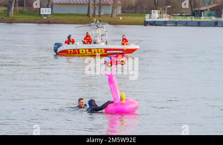 Mayence, Allemagne. 31st décembre 2022. Deux participants nagent avec un cerceau de natation rose dans le Rhin. Pour l'année 50th, l'Abschwimmen du service des incendies est célébré cette année, environ 200 participants attendus commencent à la hauteur de la Fischtorplatz sur la bonne route de deux kilomètres jusqu'au Feldbergtor. Credit: Andreas Arnold/dpa/Alay Live News Banque D'Images