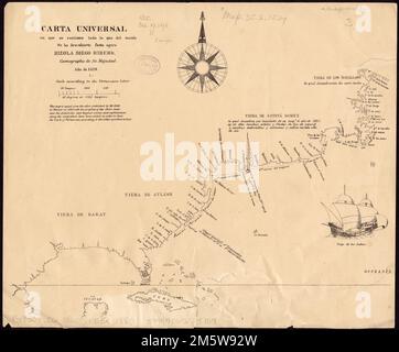 Carta Universal en que se contiene todo lo que del mundo se ha descubierto fata agora. Carte de la partie de la carte de Ribero qui montre la côte nord-américaine. 'Cette carte est copiée de l'atlas publié par M. Kohl à Weimar en 1860...' Montre les pistes de Verraxxano, selon la lettre qui lui est attribuée. Carte en espagnol. Texte en anglais... Côte atlantique de l'Amérique du Nord. Côte Atlantique de l'Amérique du Nord, Amérique du Nord, région Banque D'Images