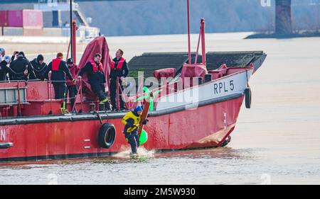Mayence, Allemagne. 31st décembre 2022. Un participant saute dans le Rhin avec une île gonflée de palmiers. Pour la période 50th, le bain de feu est célébré cette année, environ 200 participants attendus commencent à la hauteur de la Fischtorplatz sur le bon parcours de deux kilomètres jusqu'au Feldbergtor. Credit: Andreas Arnold/dpa/Alay Live News Banque D'Images