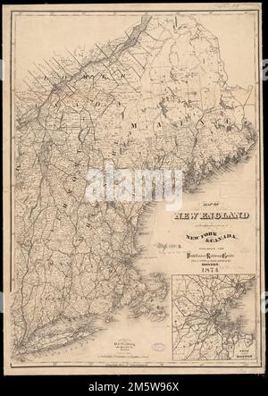 Carte de la Nouvelle-Angleterre avec parties adjacentes de New York et du Canada. Affiche les chemins de fer, les cantons, les comtés et les endroits peuplés. Relief indiqué par les haches. Encart : 15 miles autour de Boston. 'Publié pour Pathfinder Railway Guide, Geo. K. Snow et Rand, Avery & Co. »... , Nouvelle-Angleterre ,région Banque D'Images