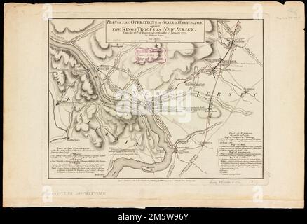 Plan des opérations du général Washington, contre les troupes des Rois au New Jersey : à partir du 26th. Du 1776 décembre, au 3D. Janvier 1777. 1st question. Relief indiqué par les haches. Montre la région de Newtown, Pennsylvanie à Kingston, New Jersey, avec des itinéraires des forces britanniques et américaines. Inclut les tableaux 'perte dans l'engagement, sur la route de Prince Town à Maidenhead, janvier le 3D. 1777' et 'perte à Trenton, 26 décembre. 1776.'. Cette carte illustre les événements de la campagne du New Jersey, de 26 décembre 1776 à 3 janvier 1777, pendant la guerre d'indépendance américaine. Dirigé par le général George WAS Banque D'Images