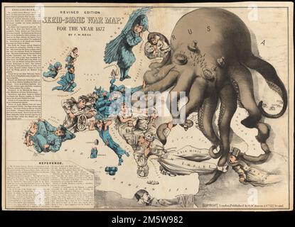 Carte de guerre de Serio-comic pour l'année 1877. Verso: Carte du bacon du siège de la guerre dans l'est. N° 6. Comprend un texte descriptif en allemand et en anglais. Carte caricature montrant la situation politique en Europe en 1877. La Russie, représentée comme un poulpe atteignant de nombreux pays, des batailles avec l'Empire turc, représenté comme une figure turbbanée protégeant sa précieuse montre d'or, Constantinople... , Europe Europe Banque D'Images