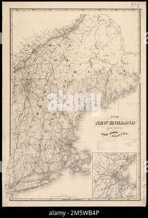 Carte de la Nouvelle-Angleterre avec parties adjacentes de New York et du Canada. Affiche les chemins de fer, les cantons, les comtés et les endroits peuplés. Relief indiqué par les haches. Encart : 15 miles autour de Boston. Dans la marge de droite : 53 -- 52.... , Nouvelle-Angleterre ,région Banque D'Images