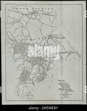 Carte des villes de Wakefield, Stoneham, Reading, North Reading et Lynnfield, 1907. La carte représente Wakefield, Stoneham, Reading, Lynnfield et la partie sud de North Reading en 1907, montrant des rues, des plans d'eau, des collines, des gares et des lignes de chemin de fer, et des bureaux de poste , Massachusetts , Middlesex ,Comté , Wakefield Massachusetts , Middlesex ,Comté , Stoneham Massachusetts , Middlesex ,comté , Reading Massachusetts , Middlesex ,comté , North Reading Massachusetts , Essex , comté , Lynnfield Banque D'Images