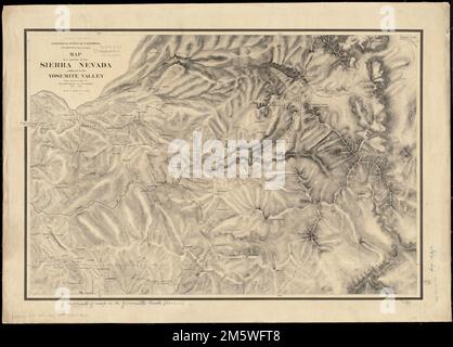 Carte d'une partie de la Sierra Nevada adjacente à la vallée de Yosemite. Relief indiqué par les haches. S'étend de Mariposa à Big Oak Flat et à l'est jusqu'au lac Mono. Dans le numéro de 3rd, Hite's Cove, situé au sud de la Merced, sur la route de Hite's Cove; l'effacement de l'étiquette antérieure à la jonction du Merced et du Devil's Gulch est apparent. Autres noms de lieux ajoutés ou supprimés.... , Californie , Mariposa ,comté , parc national de Yosemite Nevada, Sierra ,région Banque D'Images