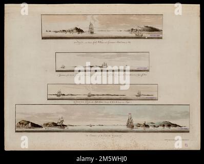 Boston, vue entre Castle Williams et Governor's Island, à 4 miles : apparition des hautes terres d'Agameticus, N.E. avec Penobscot Hills, à l'est, à 3 à 4 ligues au large du rivage ; Boston Bay, la maison de lumière portant N.W.b.W à distance d'une ligue ; l'entrée du port de Boston. Bleu aquatint avec gravure. De l'Atlantique Neptune de l'auteur... Apparition des hautes terres d'Agameticus, N.E. avec Penobscot Hills, vers l'est, à 3 à 4 ligues au large de la côte Boston Bay, la maison légère portant N.W.b.W éloigné d'une ligue l'entrée de Boston Harbour. Apparition des hauts terres d'Aga Banque D'Images