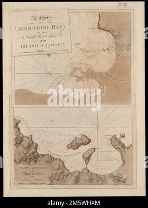 Une carte de Montego Bay sur la rive nord-ouest de l'île de la Jamaïque : Port Antonio sur la rive nord-est de l'île de la Jamaïque. Relief affiché par ombrage et haches. Profondeurs indiquées par des sondages. Apparaît dans l'Atlantic Neptune de l'auteur. Londres : [J.F.W. Des Barres], 1777-[1781]. La marchandise la plus rentable produite dans les colonies était le sucre, et les plantations de la Jamaïque ont créé une grande quantité de richesse pour les marchands britanniques. La Jamaïque est devenue le centre du commerce du sucre dans les Caraïbes dès le 18th siècle ; cependant, contrairement aux colonies continentales, l'île n'est jamais devenue autosuffisante – elle Banque D'Images