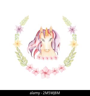 Aquarelle dessin main carte unicorn illustration avec fleurs couronne , créature animal conte de fées, art clip magique, isolé sur fond blanc. Bi Banque D'Images