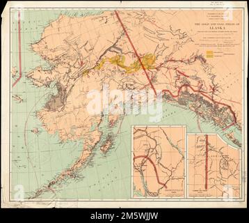 Les champs d'or et de charbon de l'Alaska : ainsi que les principaux itinéraires et sentiers à vapeur. Grugeage indiqué en haches. Comprend des parties du territoire du Yukon et du nord de la Colombie-Britannique. Les décors : la région aurifère du Klondike, Canada -- sentiers de l'eau de Tide jusqu'aux eaux de amont du fleuve Yukon, en Alaska. 'NAT. Géothermie MAG. vol IX, 1898, pl. 4.'--en haut à droite , Alaska Banque D'Images