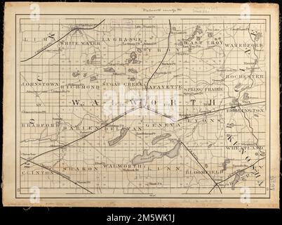 Comté de Walworth, Wisconsin. Titre du manuscrit à l'encre dans la marge supérieure. Carte manuscrite au stylo et à l'encre. Partie d'un ensemble de cartes manuscrites des comtés du Wisconsin. Affiche les cantons et les sections, les rivières, les chemins de fer, les gares et autres caractéristiques , Wisconsin , Walworth , comté Banque D'Images