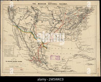 Carte du chemin de fer national mexicain : montrant également sa position relative par rapport au réseau ferroviaire des États-Unis, tant pour les parties orientale que occidentale du continent. Relief indiqué par les haches. Inclut la liste des distances.... , États-Unis Mexique Banque D'Images