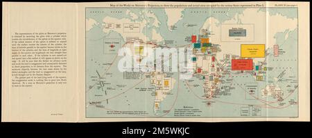 Carte du monde sur la projection de Mercator, pour montrer les populations et les zones réelles occupées par les différents États représentés dans la plaque I. Rectangles représentant la taille de la population superposés sur une carte du monde. Zones sous la domination de l'Empire britannique indiquées en rouge. Affiche également les lignes de communication entre des parties de l'Empire britannique. Inclut du texte. Apparaît dans le commonwealth des nations / édité par L. Curtis. 'Plaque II (voir page I).' 'À la fin du volume.'... , Monde Banque D'Images