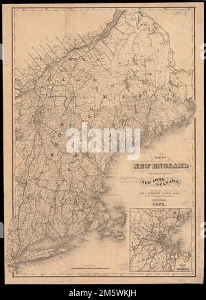 Carte de la Nouvelle-Angleterre avec parties adjacentes de New York et du Canada. Affiche les chemins de fer, les cantons, les comtés et les endroits peuplés. Relief indiqué par les haches. 'Publié pour le guide de chemin de fer de Snow Pathfinder, par H.F. Mural.' Encart : 15 miles autour de Boston. 'Publié pour le guide de chemin de fer Pathfinder de Snow.' Dans la marge de droite : 32 -- 33.... , Nouvelle-Angleterre ,région Banque D'Images