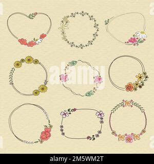 Ensemble de vecteurs de couronne de fleurs dessinés à la main Illustration de Vecteur