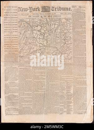 La localité de la grande lutte. Carte des journaux illustrant des zones d'activité militaire en Virginie, au Maryland et en Virginie occidentale, ainsi qu'à la bataille d'Antietam. Relief indiqué par les haches. Apparaît dans la Tribune de New York, vendredi, 19 septembre 1862. Déchirée en deux : la première bataille majeure menée sur le sol du Nord a eu lieu à 17 septembre 1862, dans le comté de Washington, Maryland, à environ 50 miles à l'ouest de Washington, DC. Connu sous le nom de Antietam Creek ou Sharpsburg, il est maintenant reconnu comme la bataille d'une journée la plus sanglante de l'histoire américaine, avec environ 23 000 victimes. Les récits de cette bataille ont commencé à apparaître Banque D'Images