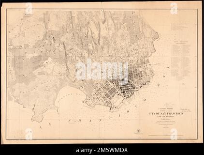 Ville de San Francisco et ses environs, Californie. Relief indiqué par les contours et les hauteurs de point ; profondeurs indiquées par des sondages. Indique le drainage, les bâtiments, les citernes, etc Intervalle de contour 20 pieds Orienté vers le nord à droite. Comprend un tableau de références (bâtiments publics, etc.) , Californie , San Francisco , comté Banque D'Images