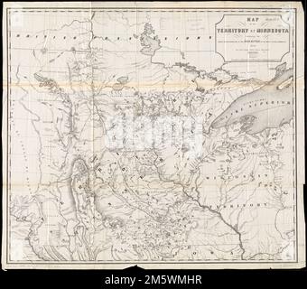 Carte du territoire du Minnesota montrant la route de l'expédition vers la rivière Rouge du nord, à l'été 1849. Relief indiqué par les hauteurs de haches et de points. Donne à la fois des noms d'Indiens et des noms de lieux ultérieurs. Affiche la « ligne de subventions proposée pour les chemins de fer »... , Minnesota Banque D'Images