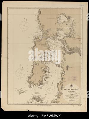 Amérique du Sud, côte ouest : republication de Brit. N° de carte de l'Amirauté 1289, avec ajouts à 1876. Relief indiqué par les hauteurs de haches et de points. Profondeurs indiquées par des sondages. 'COR. VII 77.'. Chili, îles de Guaitecas à C.S. Antonio. Chili, îles de Guaitecas à C.S. Antonio, Chili , Los Lagos ,région , Corcovado, Golfo ,golfe du Chili , Los Lagos ,région , Ancud, Golfo de , golfe Banque D'Images