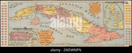 Cartes de guerre de Cuba, Porto Rico et les Philippines. Illustrations des drapeaux des États-Unis, de l'Espagne et de Cuba en marge. Les drapeaux sont destinés à être coupés et utilisés pour suivre la progression de chaque force. Supplément au Boston Sunday Herald, 8 mai 1898 , Cuba Puerto Rico , territoire Philippines Banque D'Images