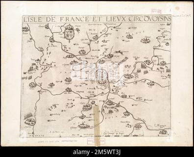 L'Isle de France et lieux cirkövoypéchés. Carte de la province de l'Isle de France, montrant la ville de paris et les zones adjacentes. Apparaît dans le Théâtre géographique du Royaume de France de M. Tavernier. Paris, 1634 , France , Île-de-France ,région Banque D'Images