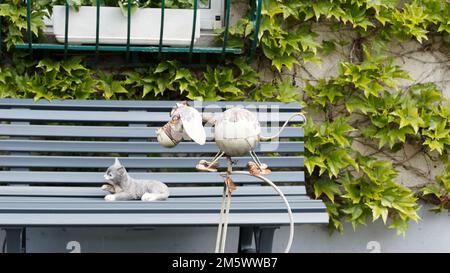 Scène de jardin pittoresque avec une sculpture décorative d'un chat et d'un chien gris Banque D'Images