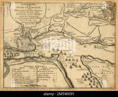 Un plan authentique de la rue River Laurence, de Sillery à la chute de Montmerenci : aux opérations du siège de Québec, sous le commandement du vice-ADML. Saunders & Majr. Genl. Wolfe, jusqu'au 5 septembre. 1759. Relief indiqué par les haches. Orienté vers le nord vers le coin supérieur droit. Inclut l'index. Insets : partie de la rivière supérieure de St. Laurence; Une vue de l'action gagnée par le Sepr anglais. 13, 1759 près de Québec. En marge supérieure : Royal Mag. Le catalogage, la conservation et la numérisation ont été rendus possibles en partie par la Fondation nationale pour les sciences humaines : exploration de l'effort humain , C Banque D'Images