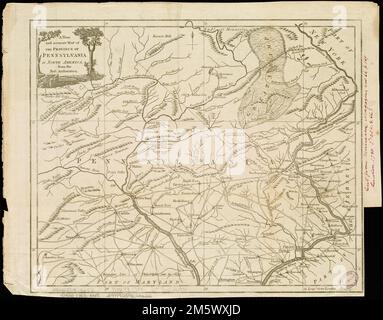 Une nouvelle carte précise de la province de Pennsylvanie en Amérique du Nord, provenant des meilleures autorités. Grugeage illustré par illustration. From: Universal magazine of Knowledge and Pleasure, v. 66, Aprr. Londres : J. Hinton, 1780. Premier méridien : Londres , Pennsylvanie Banque D'Images