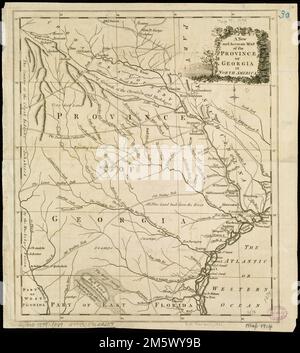 Une nouvelle carte précise de la province de Géorgie en Amérique du Nord. Relief illustré par les haches et par les illustrations. Apparaît dans le magasin universel. Londres : J. Hinton, 1779., c. 64, avril 1779, opp. p. 168 , Géorgie Banque D'Images