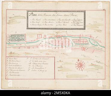 Plan de la Rivière de Seine dans Paris. Orienté vers le nord vers le coin inférieur droit. Carte manuscrite de la Seine en aquarelle. « 467 » en haut à droite , France , Seine-Maritime , Île-de-France , région , Paris Banque D'Images