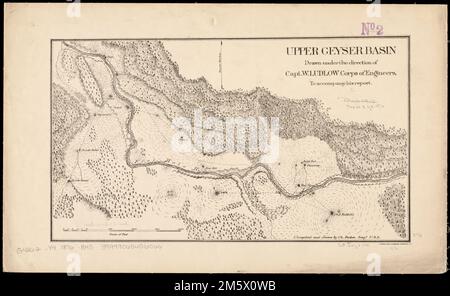 Bassin supérieur du Geyser. Relief indiqué par les haches. Le parc national de Yellowstone, le premier parc de ce genre aux États-Unis, abrite également plus de 10 000 caractéristiques hydrothermales, dont 300 geysers, qui résultent de l'activité volcanique. Ils se produisent lorsque le magma ou les roches très chaudes dans la terre chauffent les eaux souterraines. Le bec de vapeur et d’eau chaude d’un geyser a lieu lorsque la pression de l’eau souterraine qui est presque en ébullition est libérée. Toute la région de Yellowstone est volcanique et sismiquement active, et est connue sous le nom de « supervolcan ». Cette carte illustre le bassin supérieur du Geyser de Yellowstone, qui abrite la famille Banque D'Images