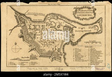 Un plan de la ville et des fortifications de Louisbourg. Dans la marge supérieure : pour la seconde. MAG. Inclut un index des emplacements à fort. Le catalogage, la conservation et la numérisation ont été rendus possibles en partie par la Fondation nationale pour les sciences humaines : exploration de l'effort humain , Canada , Nouvelle-Écosse , province , Louisbourg Banque D'Images