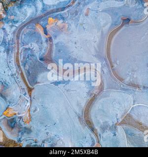 Bulles d'air coincées sous l'eau gelée dans la flaque. Les couleurs ont poussé un peu pour faire ressortir le bleu dans le ciel et les feuilles mortes orange-jaune. Résumé hiver. Banque D'Images