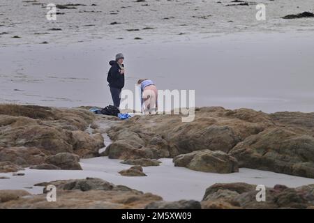 Pacific Grove, Californie, États-Unis. 31st décembre 2022. Moulant trempant dans la glace du nord de la Californie de l'océan Pacifique pour célébrer le nouvel an sur la plage d'Asilomar (Credit image: © Rory Merry/ZUMA Press Wire) Banque D'Images