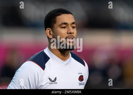 Andy Christie #6 de Saracens s'échauffe avant le match de Premiership de Gallagher Saracens vs Exeter Chiefs au stade StoneX, Londres, Royaume-Uni, 31st décembre 2022 (photo de Richard Washbrooke/News Images) Banque D'Images