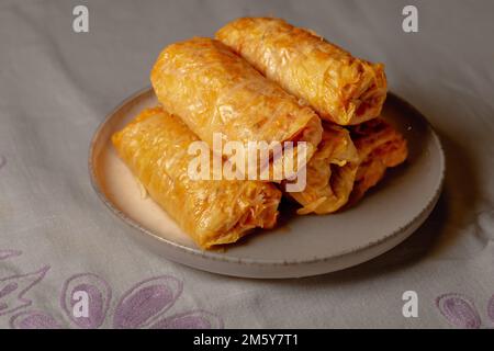 Rouleaux de chou farcis avec de la viande sur une assiette. Banque D'Images