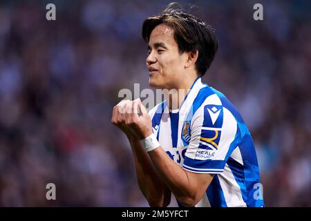 SAN SEBASTIAN, ESPAGNE - DÉCEMBRE 31 : Takefusa Kubo de Real Sociedad réagit lors du match de la Liga Santander entre Real Sociedad et CA Osasuna à la Reale Arena de 31 décembre 2022, à San Sebastian, en Espagne. Credit: Ricardo Larreina/AFLO/Alay Live News Banque D'Images