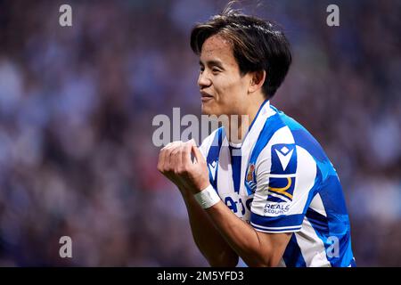 SAN SEBASTIAN, ESPAGNE - DÉCEMBRE 31 : Takefusa Kubo de Real Sociedad réagit lors du match de la Liga Santander entre Real Sociedad et CA Osasuna à la Reale Arena de 31 décembre 2022, à San Sebastian, en Espagne. Credit: Ricardo Larreina/AFLO/Alay Live News Banque D'Images