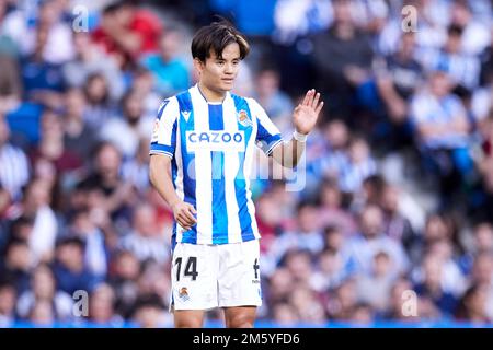 SAN SEBASTIAN, ESPAGNE - DÉCEMBRE 31 : Takefusa Kubo de Real Sociedad réagit lors du match de la Liga Santander entre Real Sociedad et CA Osasuna à la Reale Arena de 31 décembre 2022, à San Sebastian, en Espagne. Credit: Ricardo Larreina/AFLO/Alay Live News Banque D'Images