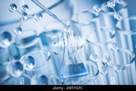 Verrerie chimique en laboratoire, rendu 3D. Dessin numérique. Banque D'Images
