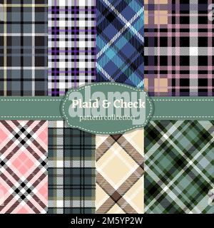 Jeu de motifs Luberjack en tissu écossais bleu, rose, vert, gris. Chemise, jupe et écharpe à carreaux écossais en flanelle Illustration de Vecteur