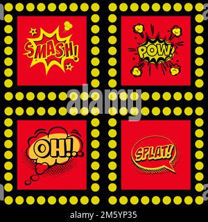 Bulles de la parole Comic rétro sur fond rouge jaune coloré. Vintage Smash, Pow, Oh, Splat comic Sign Pop Art Vector Illustration Illustration de Vecteur