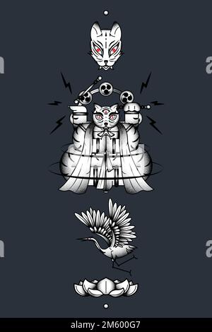 Bakeneko avec tambours Raijin, élément de chat monstre japonais sur fond sombre Illustration de Vecteur